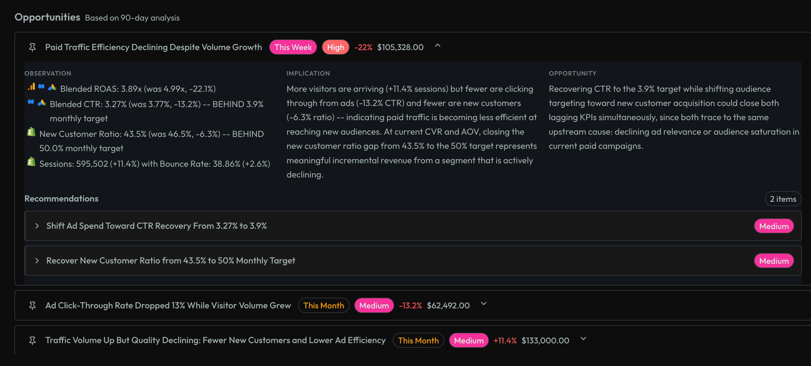 Traffic opportunities showing expanded analysis of paid traffic efficiency with observation, implication, and actionable recommendations