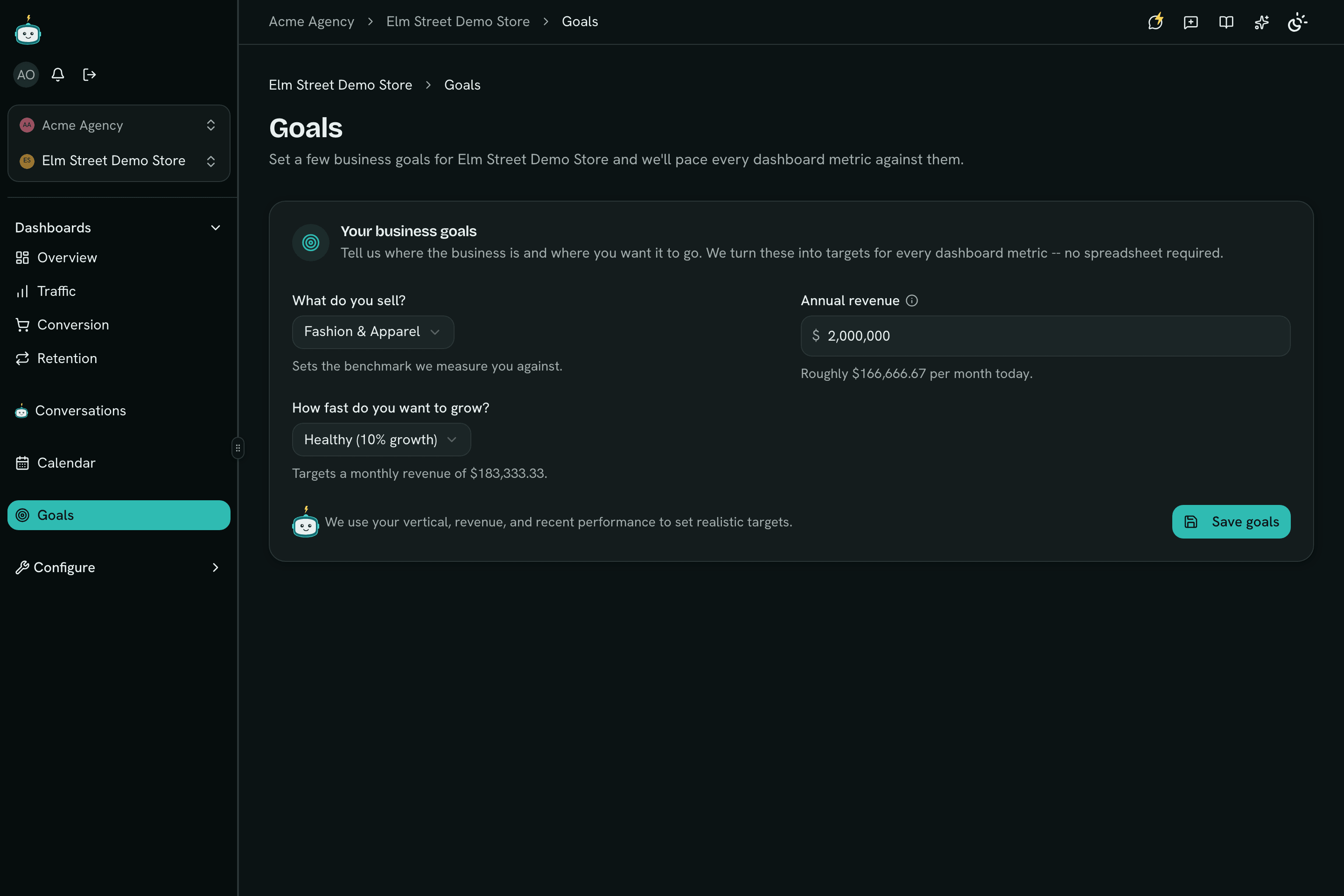Business goals setup showing vertical, annual revenue target, and growth pace that the platform turns into per-metric monthly targets
